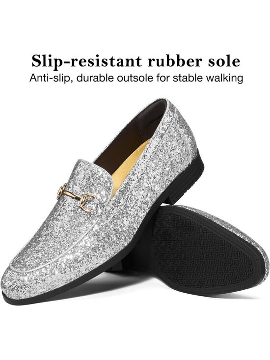 HEEZ Men\'s Silver Leather Loafers Metal Buckle Slip On Tuxedo Dress Formal Shoes